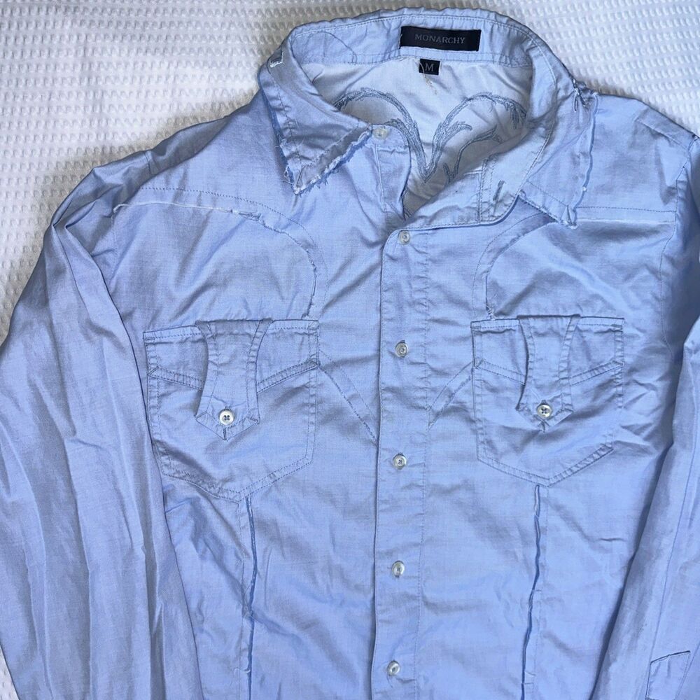 Monarchy Collection Y2K Embroidered long sleeve Shirt Men Med Blue embroidered